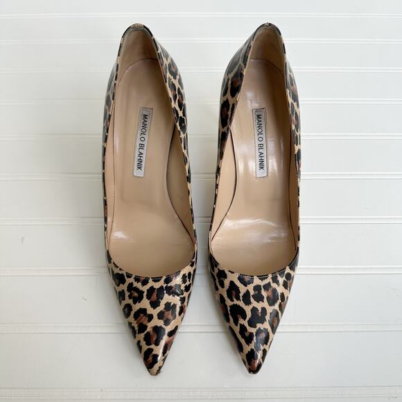 Manolo Blahnik Leopard Print Patent Leather Stiletto Pumps Heels 39.5 90mm - Picture 1 of 11
